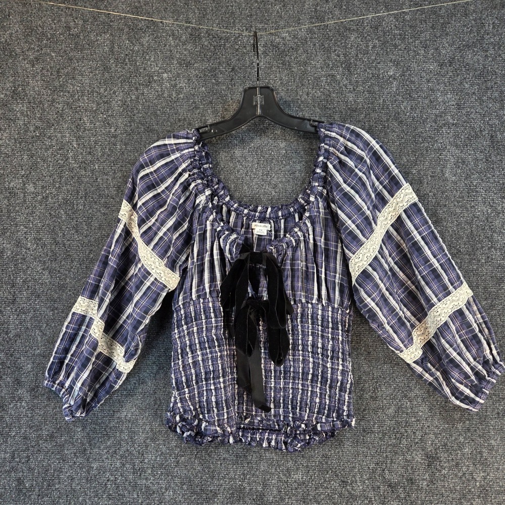 Kimchi Blue Blue Plaid Off-Shoulder Smocked Blouse with Velvet Bow - Picture 3 of 13